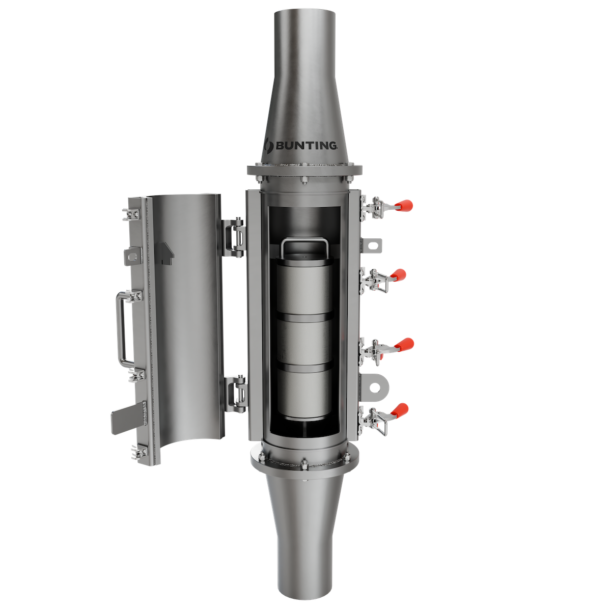 Bunting stainless steel center flow magnet with the access door open, showing the magnetic element mounted in the center of the housing