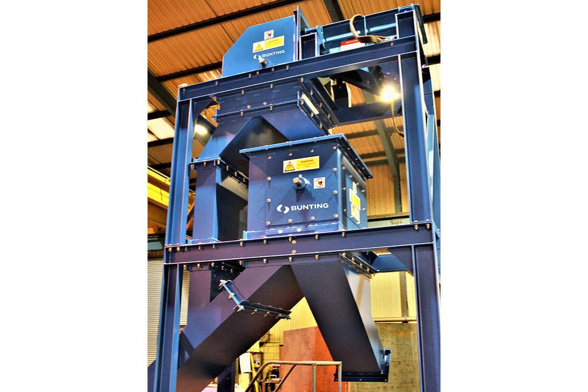 Drum separation equipment in a steel tower with discharge chutes