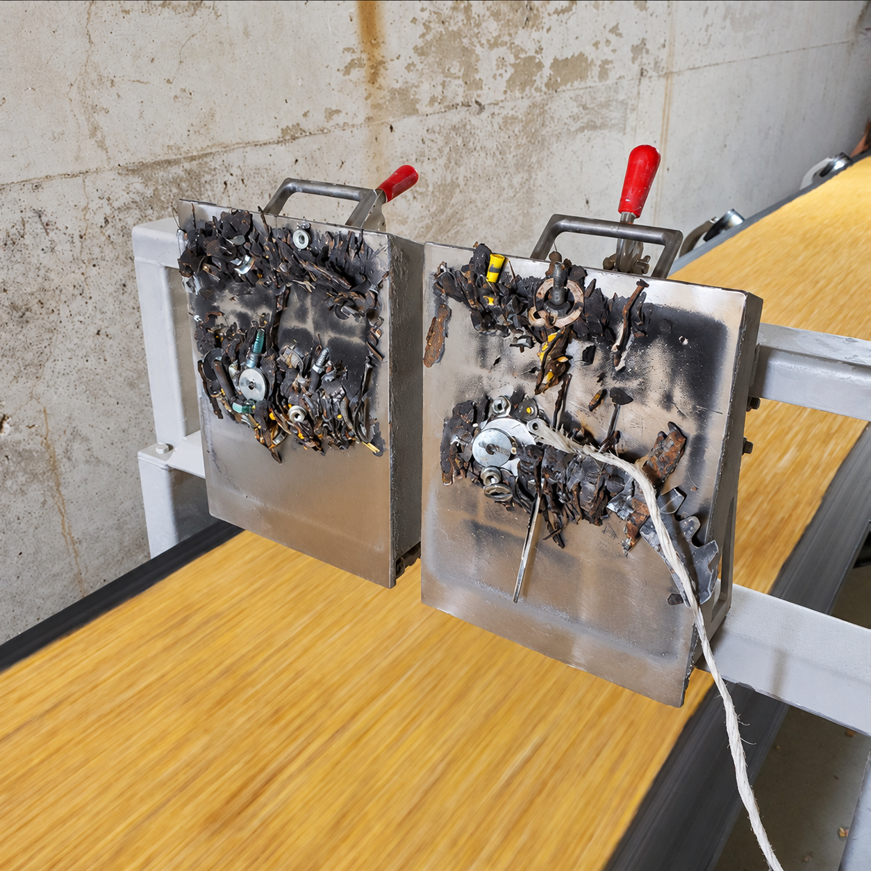 Captured metal pieces on two raised suspended plate magnet faces above a food conveyor