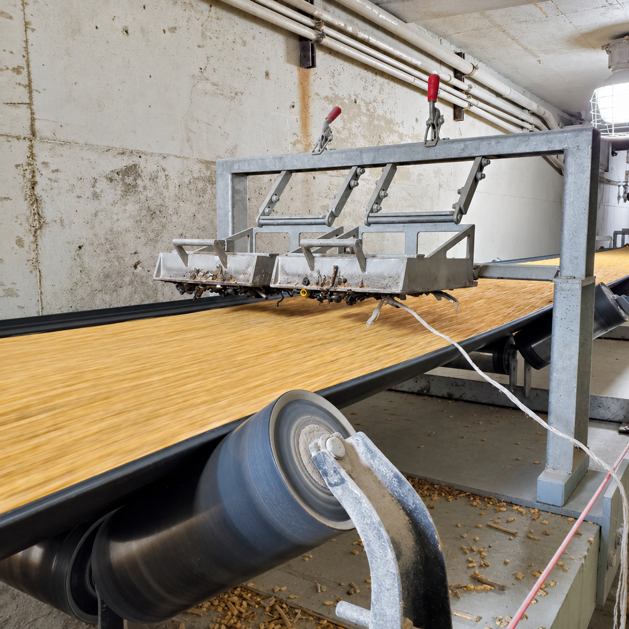 Two suspended plate magnets on a support frame above an open conveyor carrying a food product